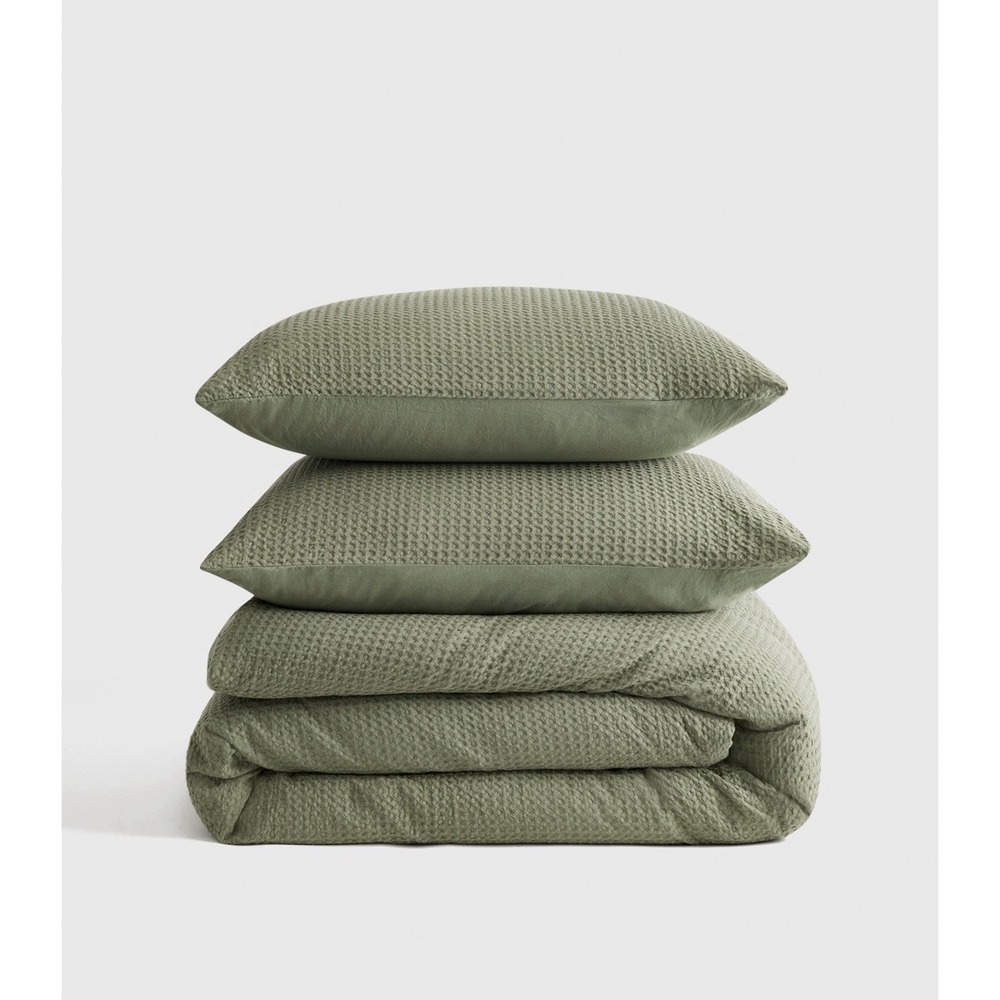 NWOT Quince Organic Luxe Honeycomb Duvet Cover Set QUEEN Olive